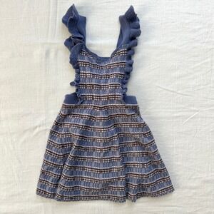 FUB Knit Dress Jumper Ruffle Sleeves Plaid Blue Girls Kids 6 merino wool